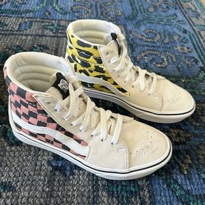 New Vans Comfycush Sk8-Hi Top Mixed Media White Multi Yellow Leopard Cheetah